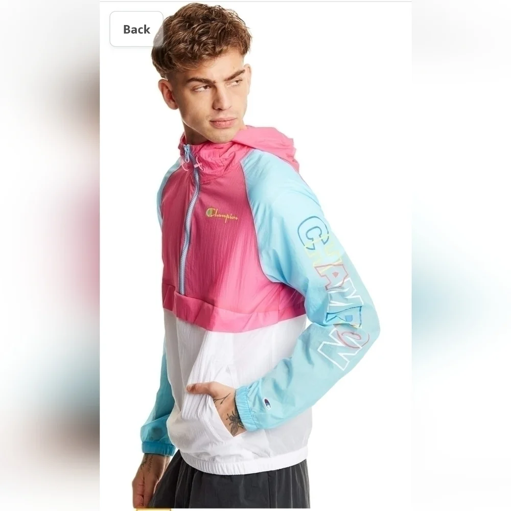 Champion Men's Colorblock Manorak 2.0 size Small in Blue Horizon/Reef Pink/White